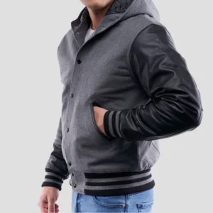 Light Oxford Wool Body & Black Sleeves Hoodie Varsity Jacket