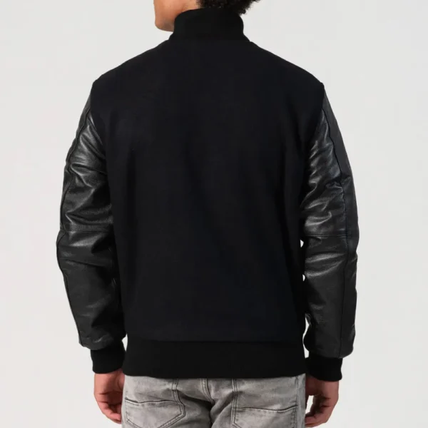 Black Melton Wool Body & Cowhide Leather Sleeves Zipper Jacket