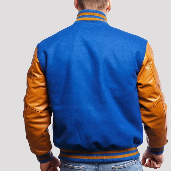 Bright Royal Wool Body & Old Gold Leather Sleeves Varsity Jacket