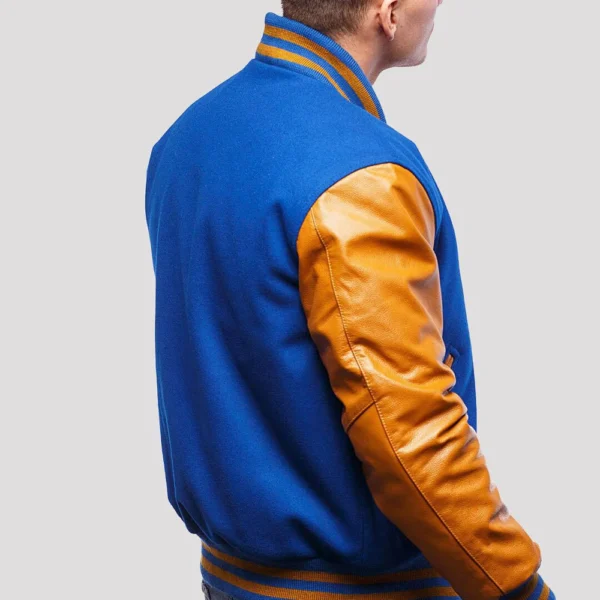 Bright Royal Wool Body & Old Gold Leather Sleeves Varsity Jacket