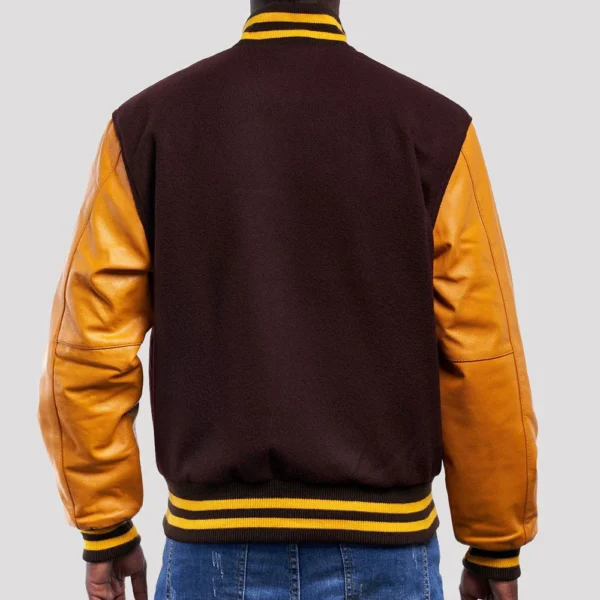Brown Wool Body & Bright Gold Leather Sleeves Varsity Jacket