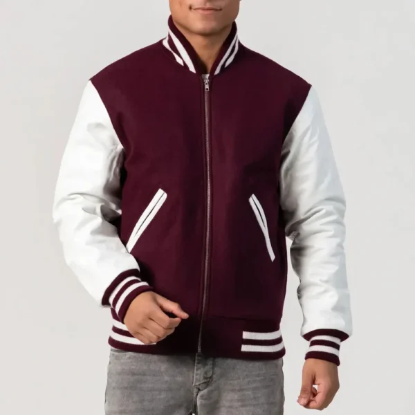 Maroon Wool Body & White Leather Sleeves Zipper Varsity Jacket