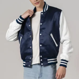 Navy Blue Satin And White Sleeves Jacket