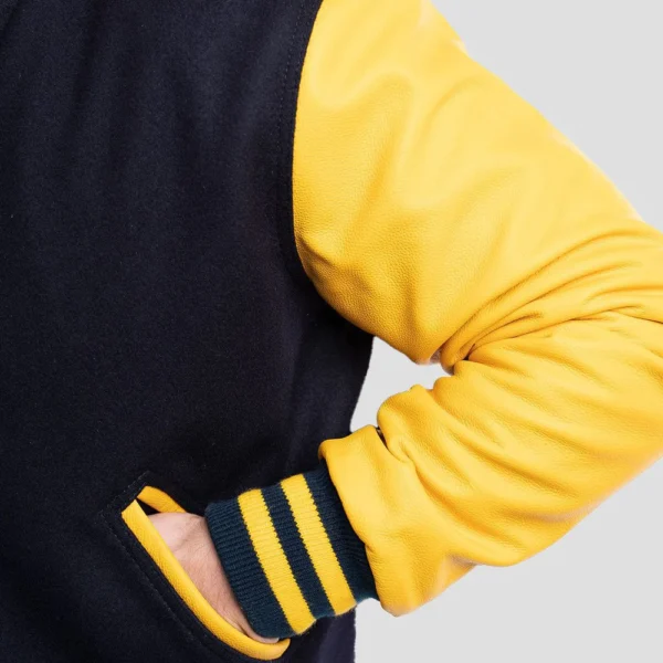Navy Blue Wool Body & Lemon Leather Sleeves Varsity Jacket