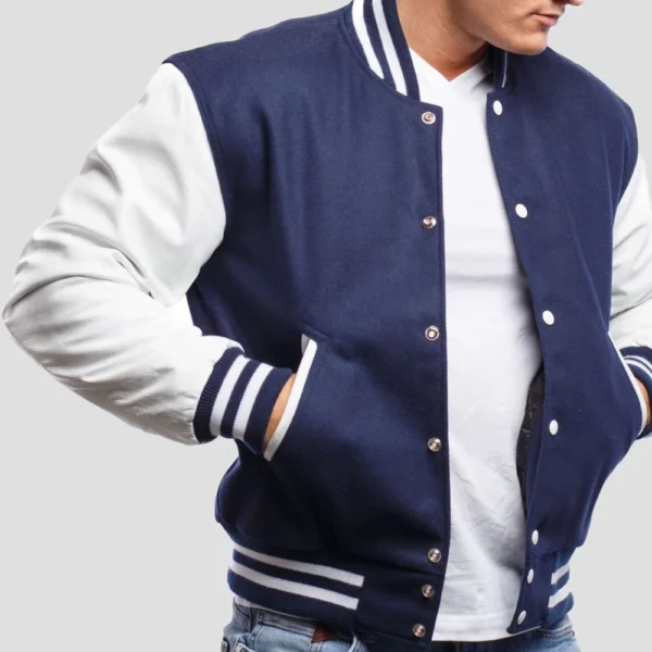 Royal Blue Wool Body & Bright White Leather Sleeves Varsity Jacket