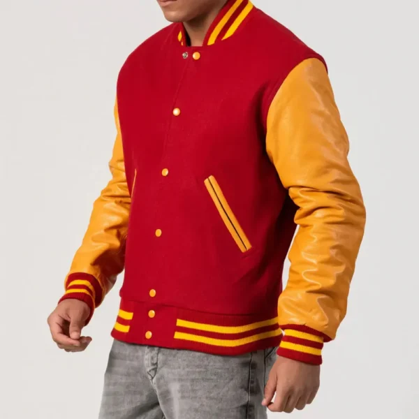 Scarlet Body & Bright Gold Leather Sleeves Varsity Jacket