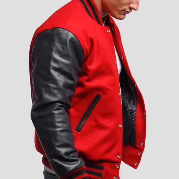 Scarlet Red Wool Body & Black Leather Sleeves Varsity Jacket