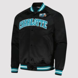 Mitchell & Ness Charlotte Hornets Black Hardwood Classics Satin Varsity Jacket
