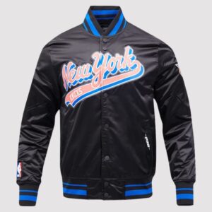 New York Knicks Script Tail Black Satin Varsity Jacket
