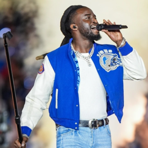 Shaboozey Detroit Lions Blue and White Bomber Jacket for Fans