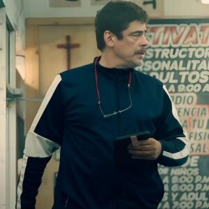 One Battle After Another Benicio del Toro Blue Jacket