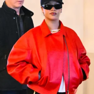 Rihanna Santa Red Leather Bomber Jacket